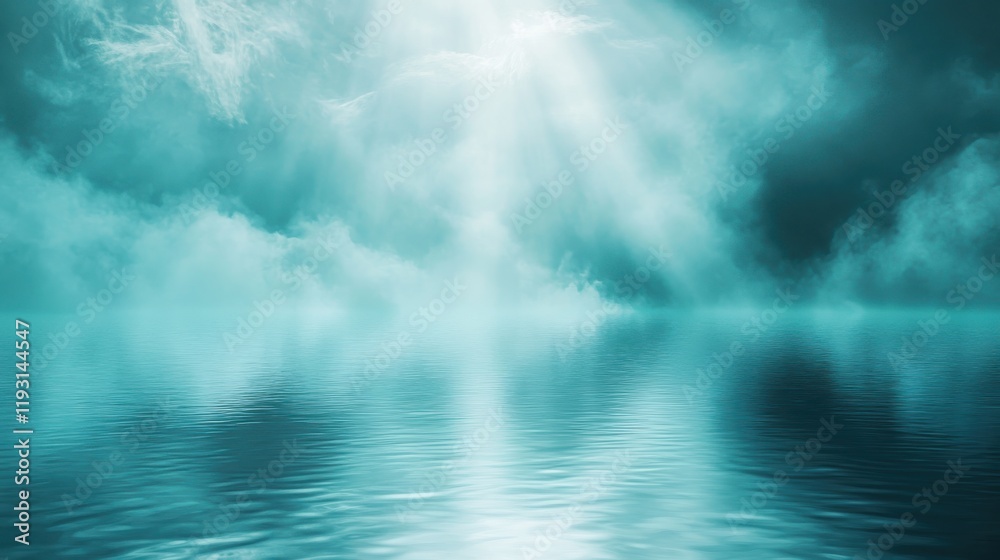 Poster mystical aquatic space with soft teal and aqua beams shining through mist, creating tranquil reflect