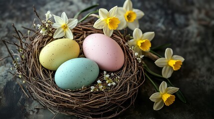 Obraz premium Beautiful pastel easter eggs arranged in a nest with fresh flowers for spring celebration
