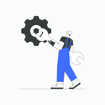 Man holding wrench and large gear symbolizing mechanics, engineering, and repair work in flat vector illustration, isolated on white background