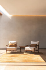 Stylish minimalist living space featuring light-filled chairs and cozy rug