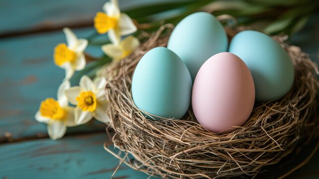 Colorful easter eggs in a nest surrounded by flowers on a wooden table for a spring celebration