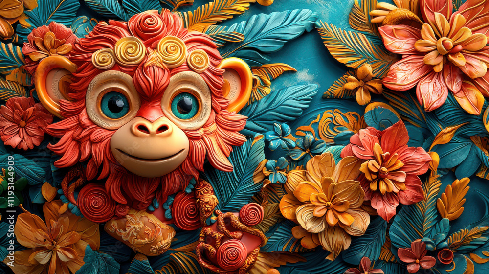 Poster Brightly colored monkey with detailed clay texture surrounded by vibrant flowers and leaves, creating lively and artistic composition