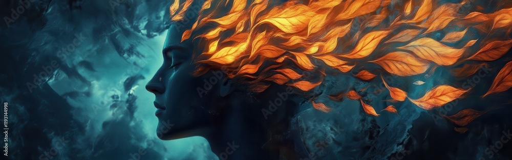 Poster mystical profile filled with glowing leaves and gentle wind patterns exuding tranquility in an ether