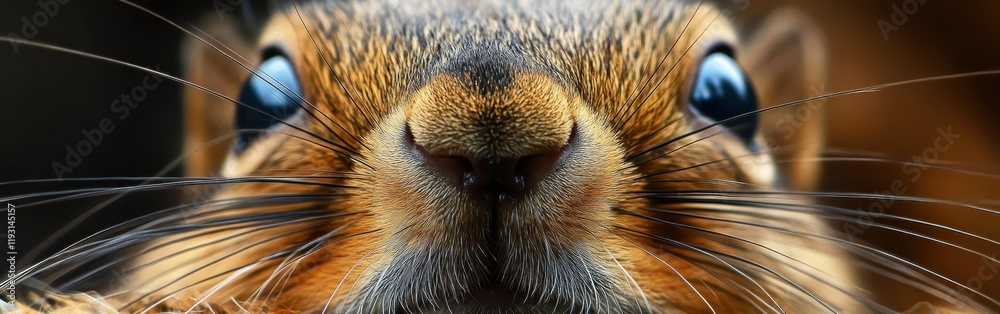Poster close-up view reveals intricate details of a squirrel's face showcasing bright eyes and textured fea