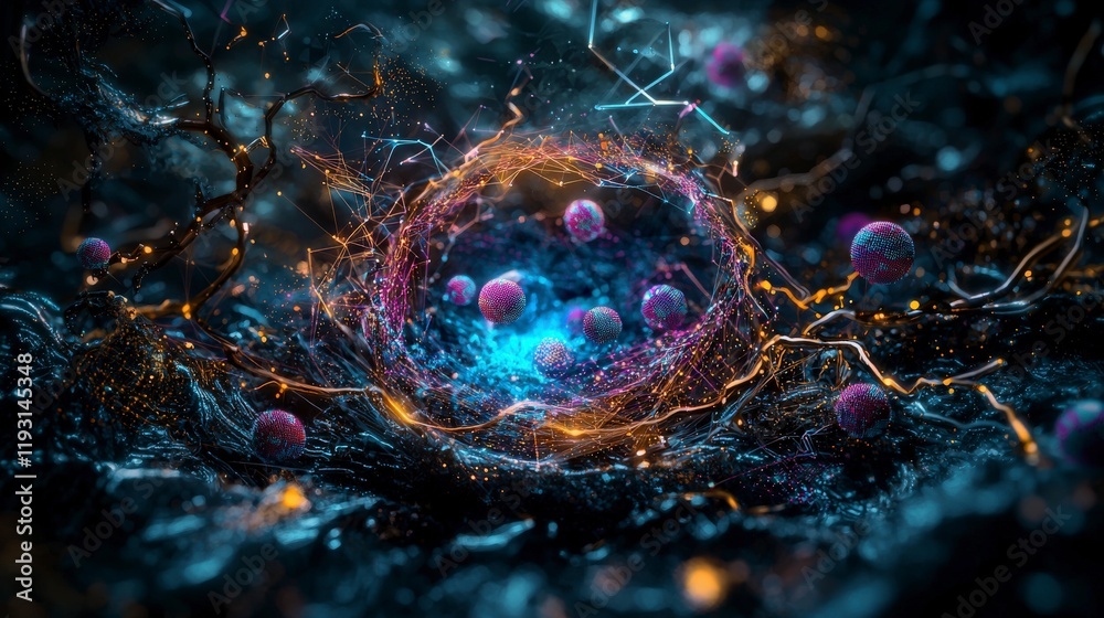 Poster futuristic digital artwork featuring neon lights in a sci-fi environment abstract visuals close-up p