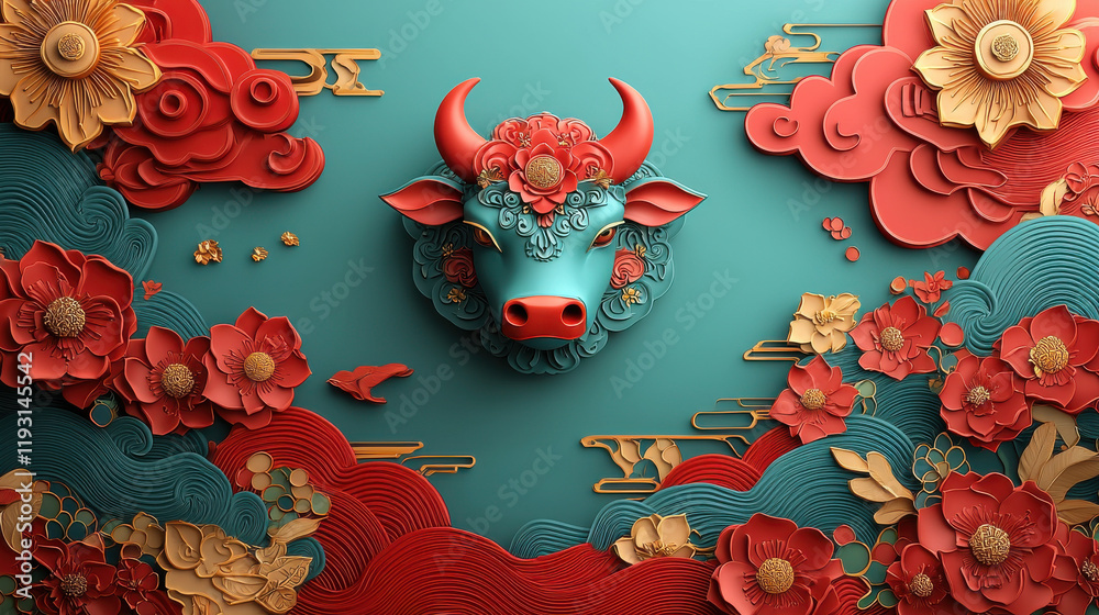 Poster 3d ox zodiac with colorful clay like texture, surrounded by vibrant flowers and clouds, creating fes
