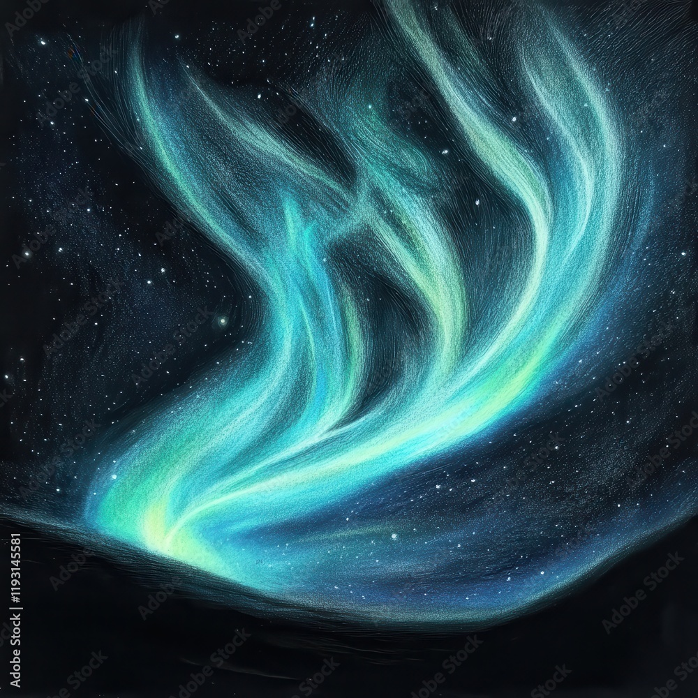 Poster Glowing aurora viewed from space captured in delicate pencil sketches with soft gradients and a starry backdrop