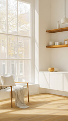 Bright and airy living space with minimalist decor and natural light in a city setting