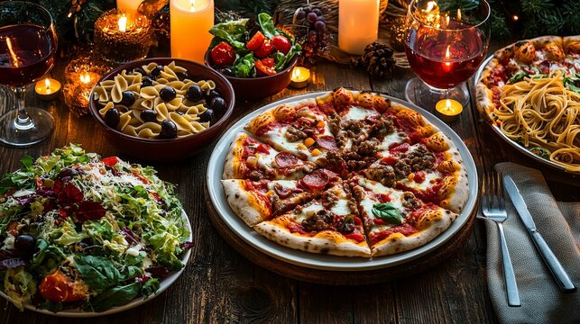 Italian dinner feast pasta and pizza delight cozy home setting food photography warm ambiance culinary art