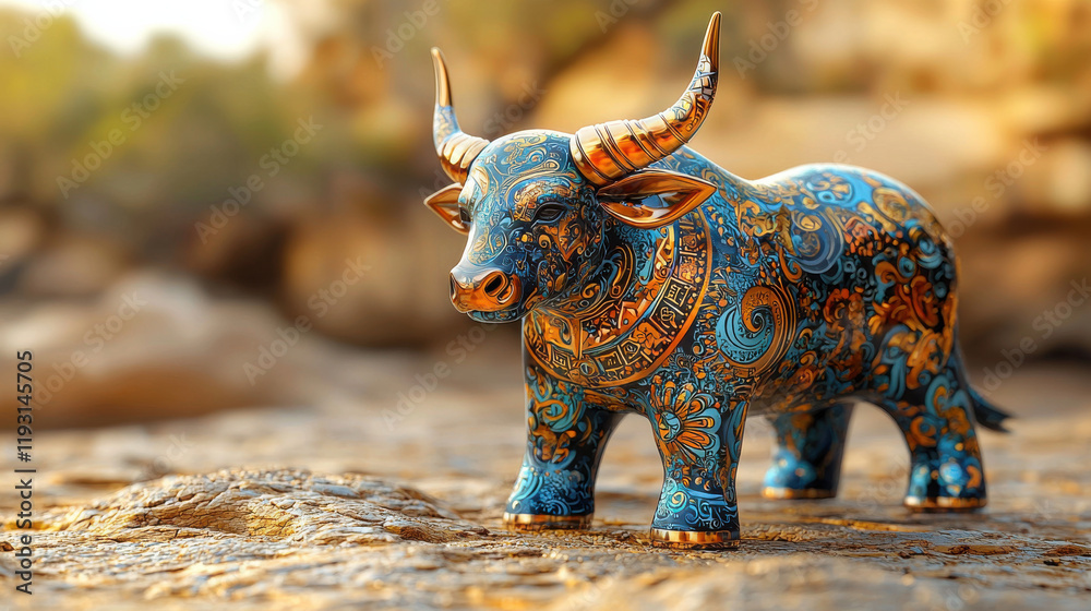 Poster vibrant 3d ox zodiac symbol with intricate patterns and colors, showcasing artistic craftsmanship an