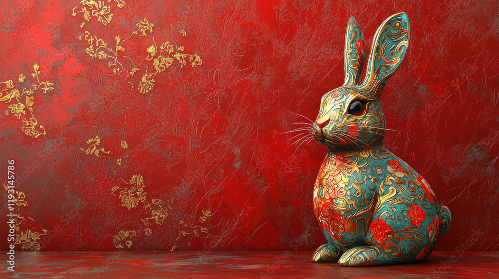 Poster vibrant 3D rabbit design representing Rabbit zodiac, featuring intricate patterns and colors against rich red background. This artwork evokes sense of joy and celebration