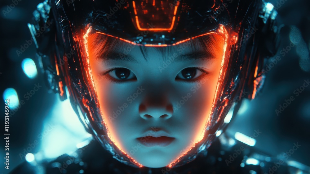 Poster child's face merges glowing samurai armor with futuristic robotics in a vibrant and imaginative disp