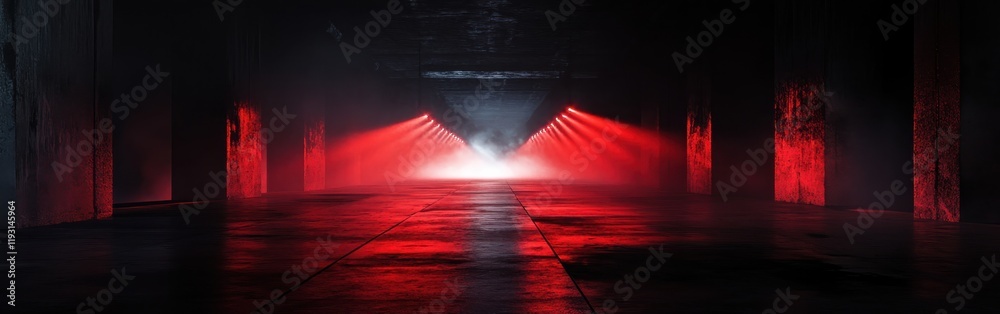 Aufkleber vivid contrast of deep red and black beams illuminating a smoky reflective ground in an atmospheric 