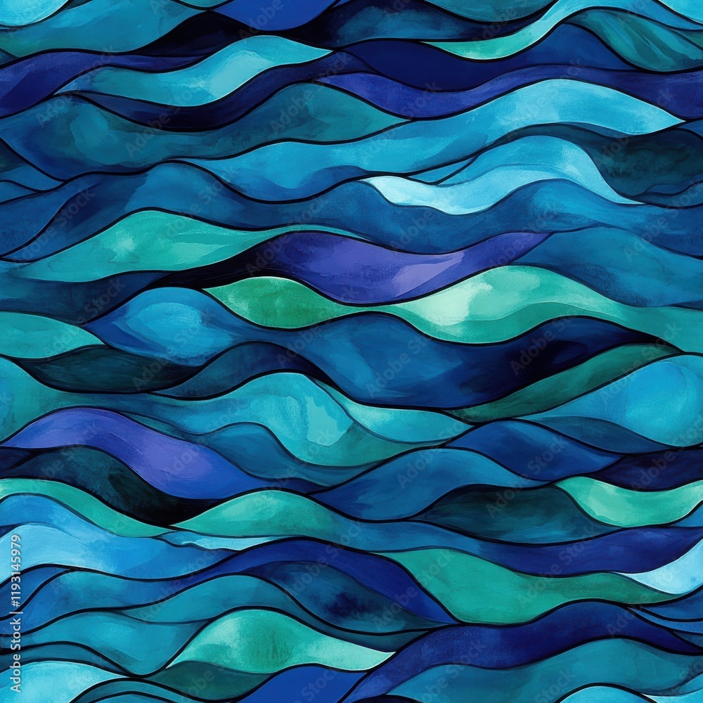 Aufkleber dynamic watercolor pattern of bold underwater waves in teal and indigo gradients