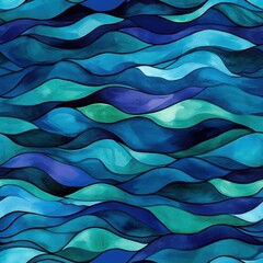 Dynamic watercolor pattern of bold underwater waves in teal and indigo gradients