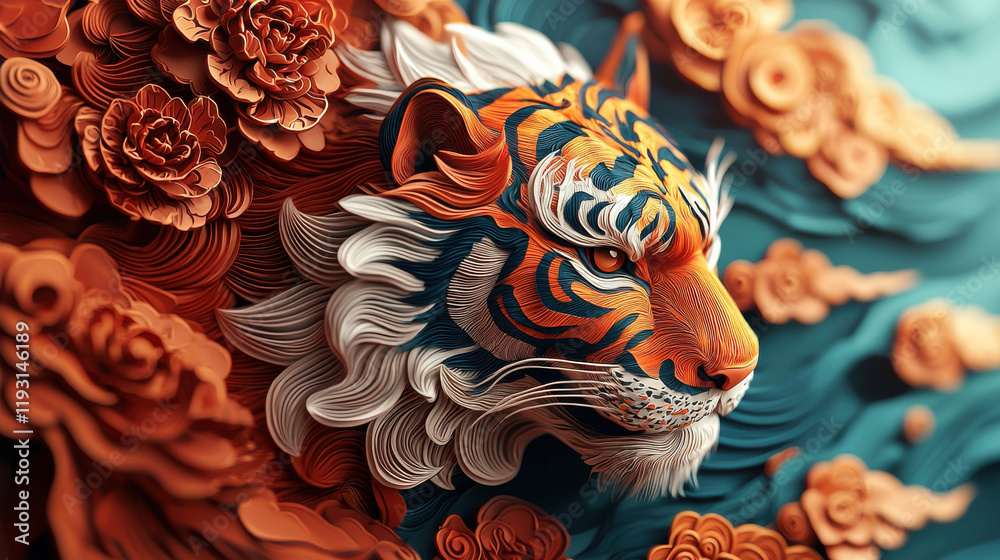 Poster vibrant 3d tiger design featuring intricate floral patterns and dynamic colors, symbolizing tiger zo