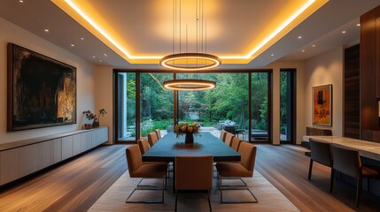 Modern dining room with elegant cove lighting and a stunning chandelier in a sophisticated setting