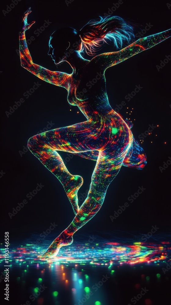 Poster silhouette of a dancer glowing with radiant motion trails in a burst of light and rhythm