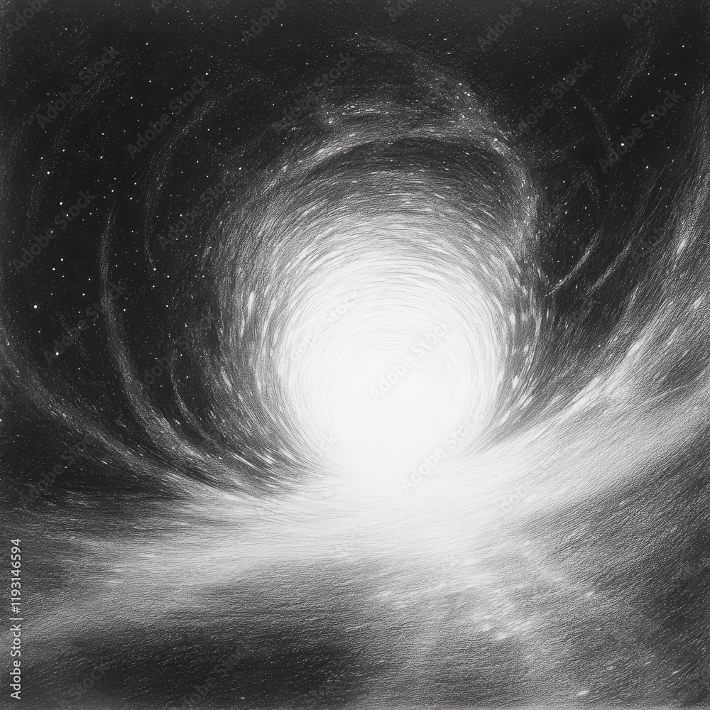 Poster cosmic event horizon featuring distorted light as drawn in pencil, showcasing an abstract interpreta