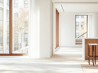 Obraz premium Modern interior design with large windows and natural light in a minimalist space