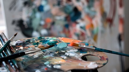 Obraz premium Close-up of a paint-smeared artist’s palette with vibrant red, teal, orange, and yellow hues. Scattered brushes and blurred background of an abstract painting evoke