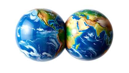 Set of planet earth isolated on a white or transparent background. Earths in the shape of a heart close-up. Valentine's day and Earth's day concept, grunge