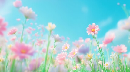 A vibrant field of pink and purple flowers sways gently under a bright blue sky, creating a serene, picturesque landscape
