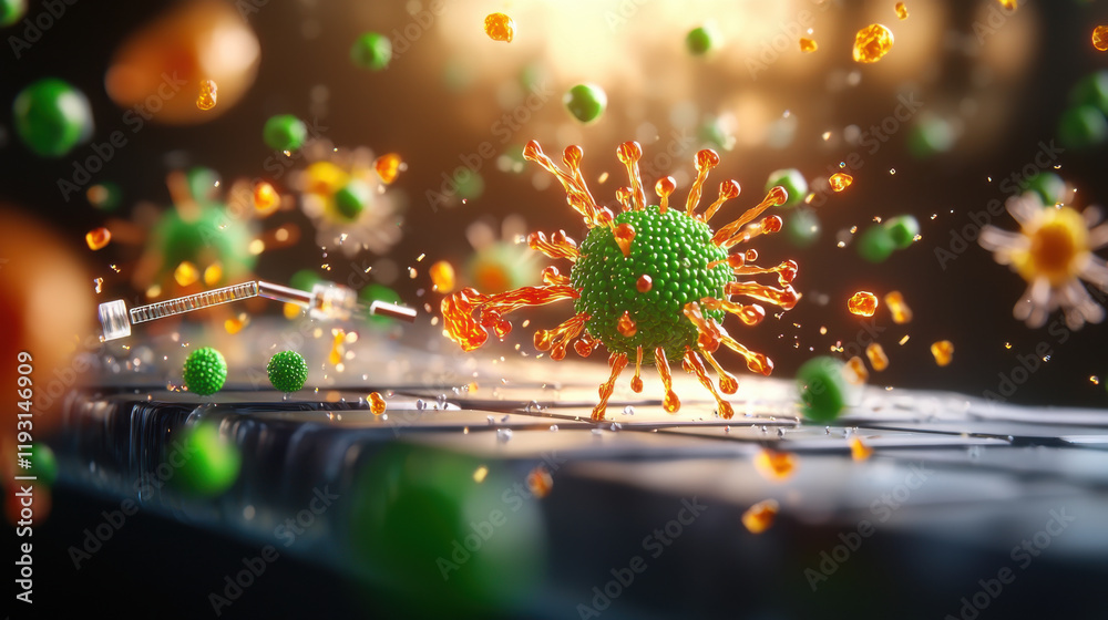 Aufkleber 3d illustration of nanoscale biotechnology tools interacting with viruses and microorganisms, showca