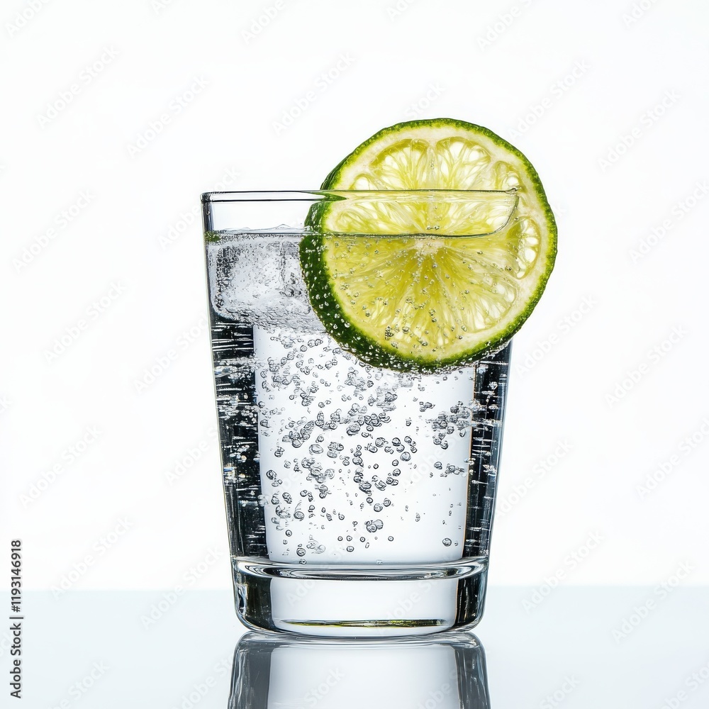 Aufkleber refreshing sparkling water with lime slice in clear glass on a white background