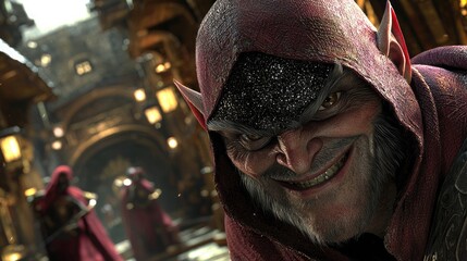 A Casino Dealer Comes to Life in a Fantasy Exotic Arabian Nights-Inspired City — Elderly Olive-Skinned Half-Elf Character Wearing a Glittering Black Mask and Top Hat | Medieval Fantasy Character Art o