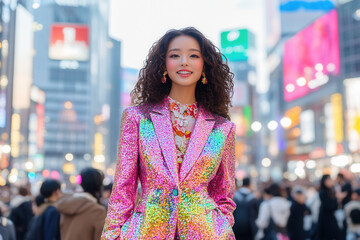 A woman in a pink sequined suit stands in a busy city street. Outfit Ideas: Style inspiration for every occasion
