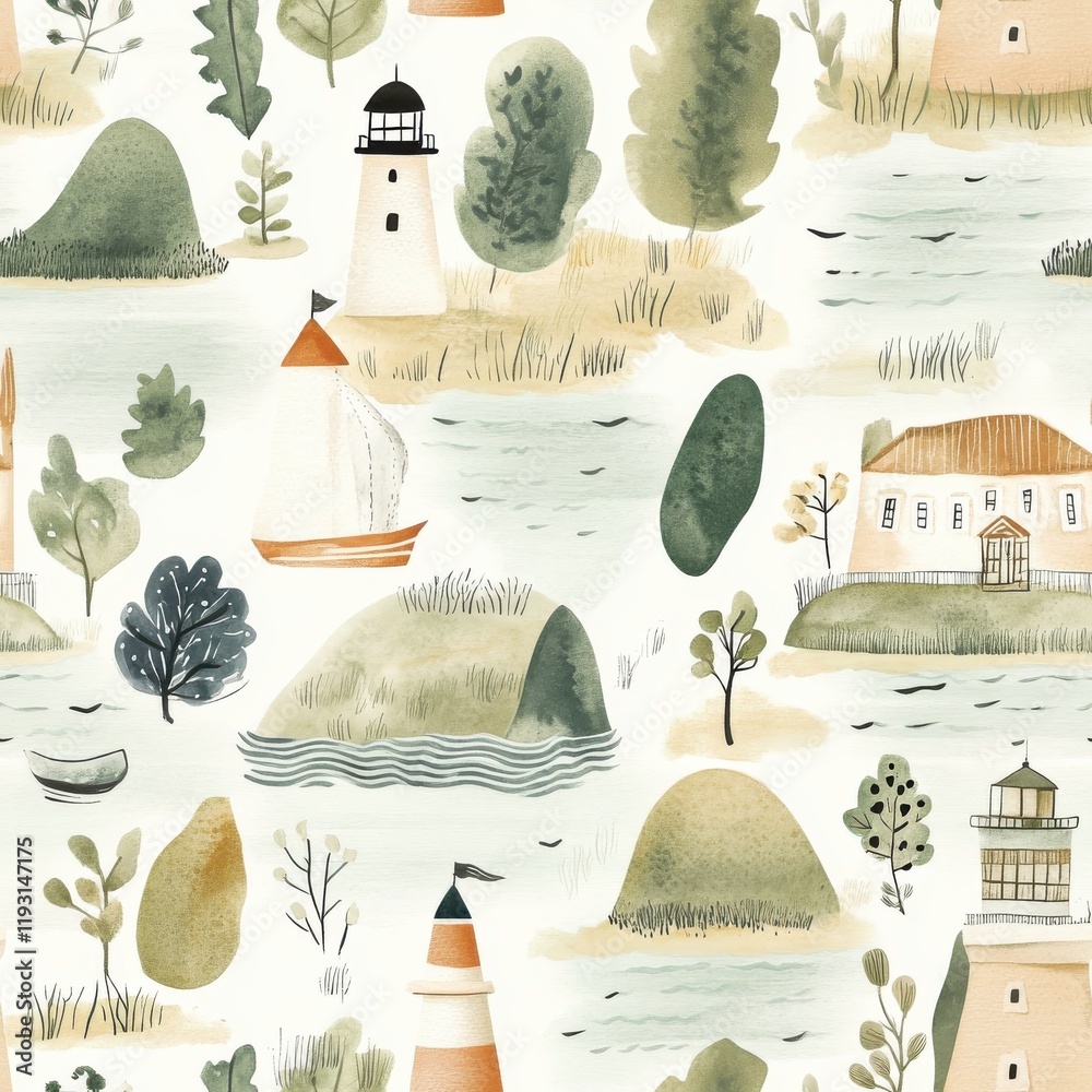 Aufkleber doodle watercolor pattern of abstract coastal scenes featuring lighthouses and boats in soft muted c