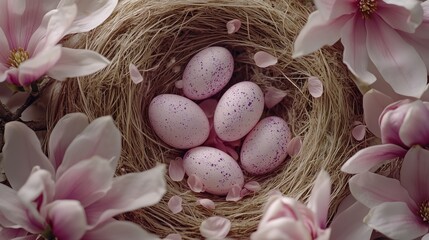 Spring celebration with pink eggs nestled in a nest surrounded by blooming magnolia flowers