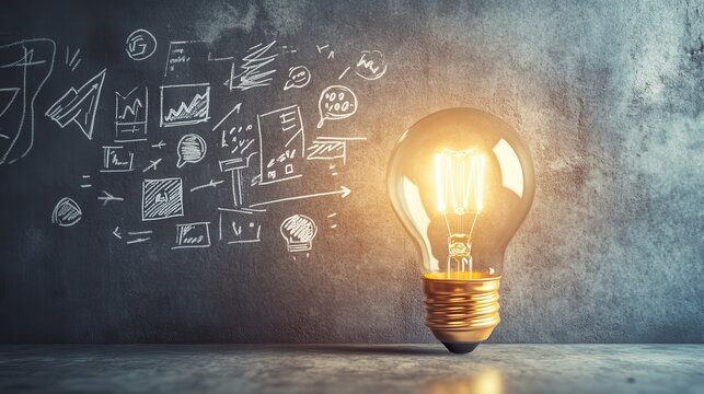 Creative workspace with glowing light bulb and inspirational sketches on gray walls