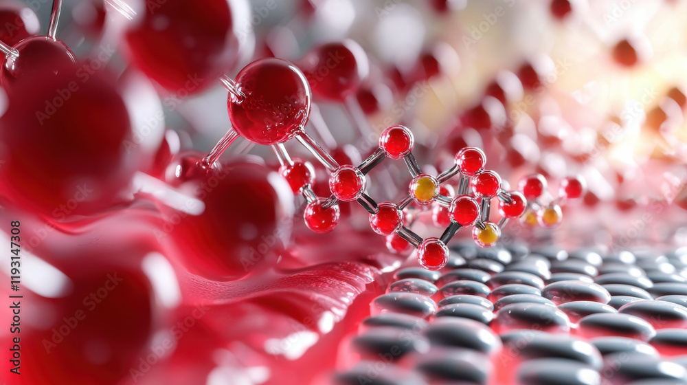 Fototapete 3D model showing application of nanotechnology in molecular structures, highlighting red and black spheres representing atoms and molecules in dynamic environment