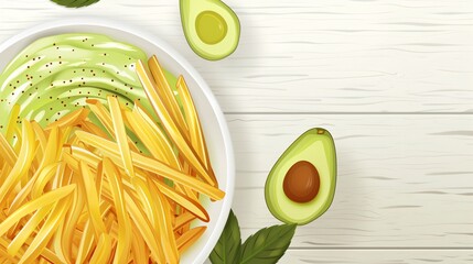Delicious Plate of French Fries with Avocado Dip on White Wooden Background