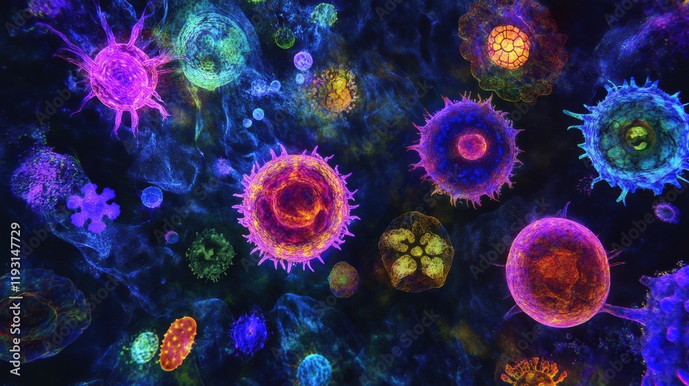 Poster magnified view of colorful viruses showcasing intricate details in a vibrant scientific style. gener