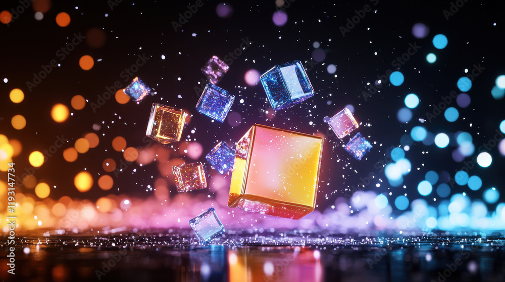 Poster vibrant 3D rendering of colorful, glowing cubes floating in sparkling environment, creating magical and dynamic atmosphere