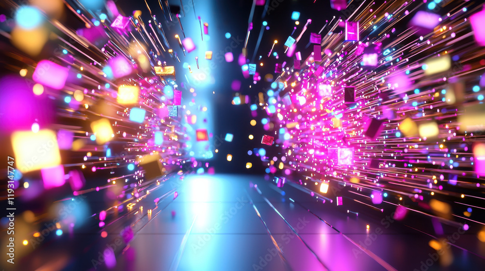 Poster Vibrant explosion of colorful cubes and lights creating dynamic visual effect. This 3D rendered image showcases futuristic design with glowing elements and sense of movement