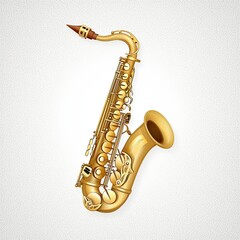 Musical instruments isolated on white, flat art style icon of a saxophone with golden tones and clean, minimal details, representing elegance in simplicity