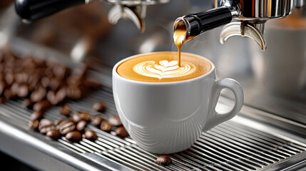 barista pouring perfectly brewed coffee with latte art in white cup, surrounded by coffee beans, showcasing art of coffee making and rich flavors