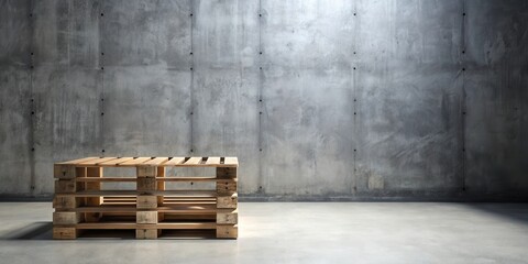 Rustic wooden pallet arrangement against a textured concrete wall background ideal for product display or design inspiration