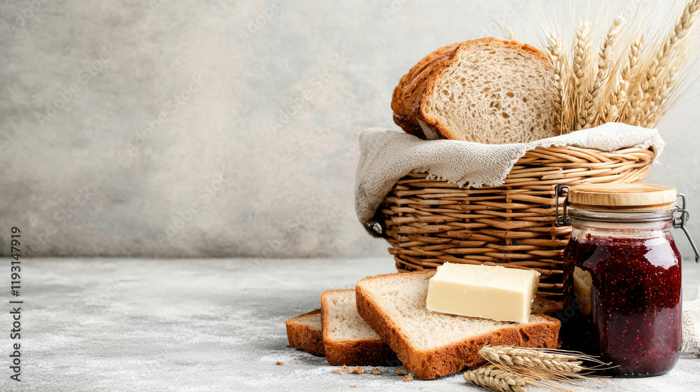 Poster basket of freshly baked bread with butter and jam, surrounded by wheat. warm tones and rustic settin