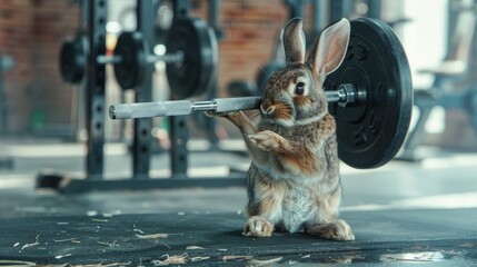 The funny image of a rabbit lifting weights in the gym will add humour and lightness to the theme of fitness and healthy living.