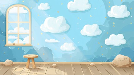 Stone Table near Wall with Painted Clouds: Creative Idea Inspiration for Interior Design