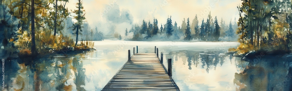 Poster serene waterscape features a rustic dock surrounded by tranquil nature in a watercolor style