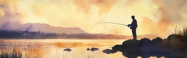 Obraz premium Captivating sunset portrait of a fisherman casting a line in tranquil waters