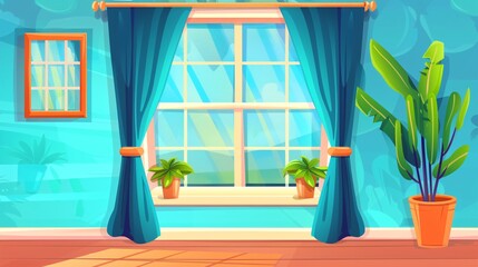 Elegant Home Interior Window Frame with Glass and Curtains