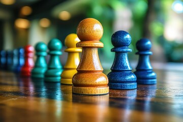 A Colorful Collection of Wooden Game Pawns in Various Shades Arranged Neatly on a Table with Blurred Green Background Lighting