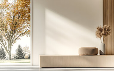 Modern interior with natural light and autumn landscape view from a large window